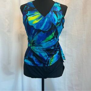Longitude blue green side tie ruffle neckline one piece swimsuit Sz 16